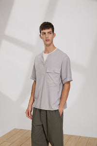 V-neck Linen Loose T-Shirt (GY)