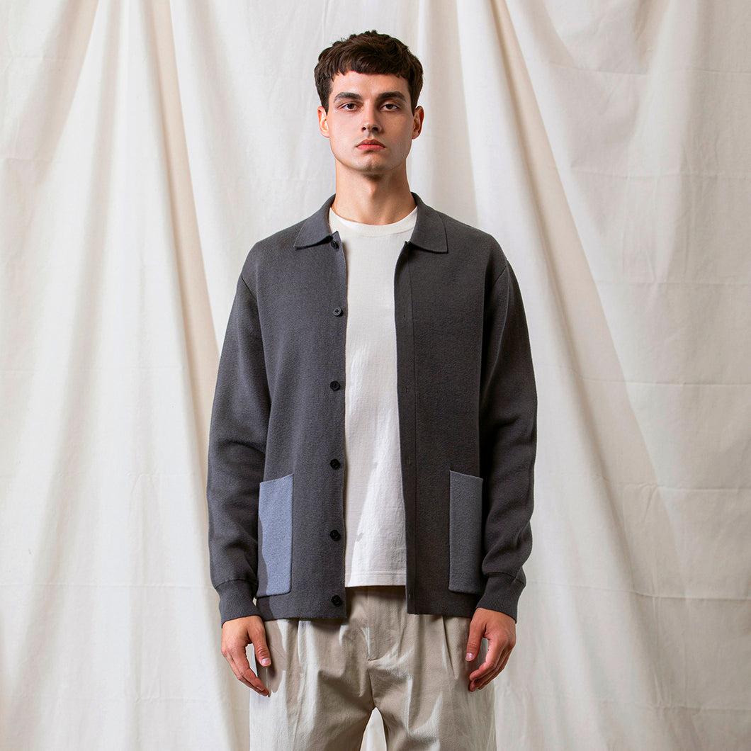 Wool-Blend Two-tone Cardigan (Grey)