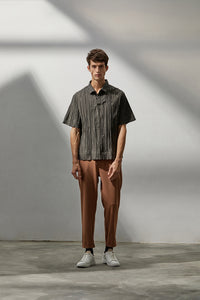 Elastic Woven Slim-Fit Trousers (Brown)