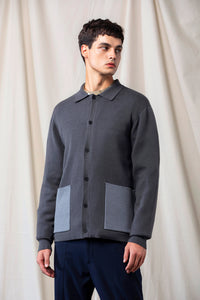 Wool-Blend Two-tone Cardigan (Grey)